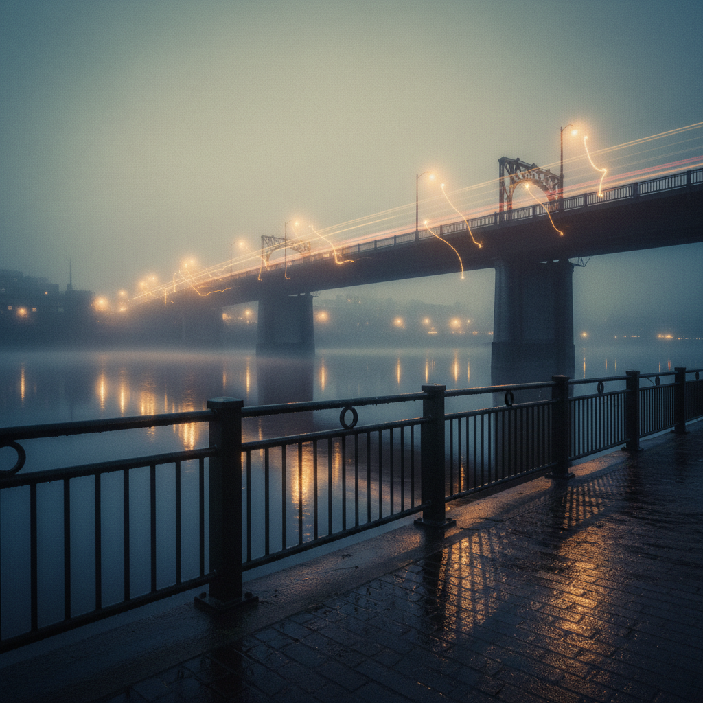 River Fog Over Bridge Lights by jeff